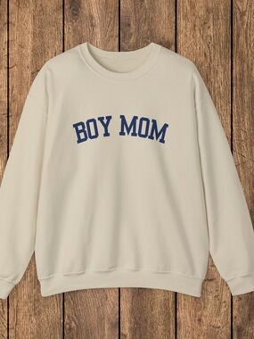 Boy Mom Crewneck Sweatshirt Sand with Navy Text Gildan Sweatshirt Unisex Large